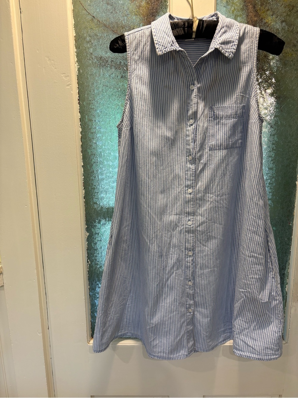 Sleeveless 💯 Cotton Blue and White Stripe Button-Front Shirt Dress Old Navy